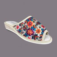 Kapcie domowe damskie Wielobarwne Kwiaty Łowickie – Wkładka Len, Klin 3,5cm, Polskie