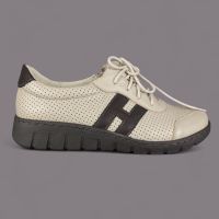  Półbuty damskie Helios 459 Ecru – Skóra z Perforacją, Logo H, Szyta Podeszwa