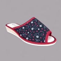 Kapcie damskie Polskie Granatowe – Len Naturalny, Klin 3,5cm, Wzór Folk