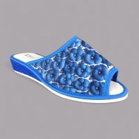 Kapcie domowe damskie z Naturalnego Lnu Niebieskie Bratki – Klin 3,5cm, Polskie