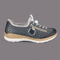 Półbuty damskie Rieker N42P6-14 Granatowe – Ekoskóra, Zamek, Korek, Antistress