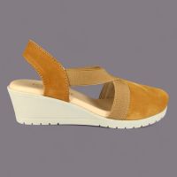 Sandały damskie Loretta Vitale 812 – musztardowe, zamszowe, koturna 5cm, Made in Spain