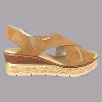 Sandały damskie Rieker 63782-24 Brązowe - Koturna 5,5cm, Skrzyżowane Pasy, Antistress