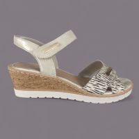 Sandały damskie Remonte R6266-90 Złote – Koturna Korek 5,5cm, Skóra, Wzór Zebry